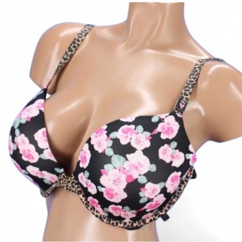 Victoria's Secret Pink Rose Leopard Accents Push Up Underwire Bra Size 34C